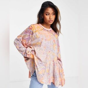 Free People Making Circles Long Sleeve T-Shirt Paisley Orange Oversized XS